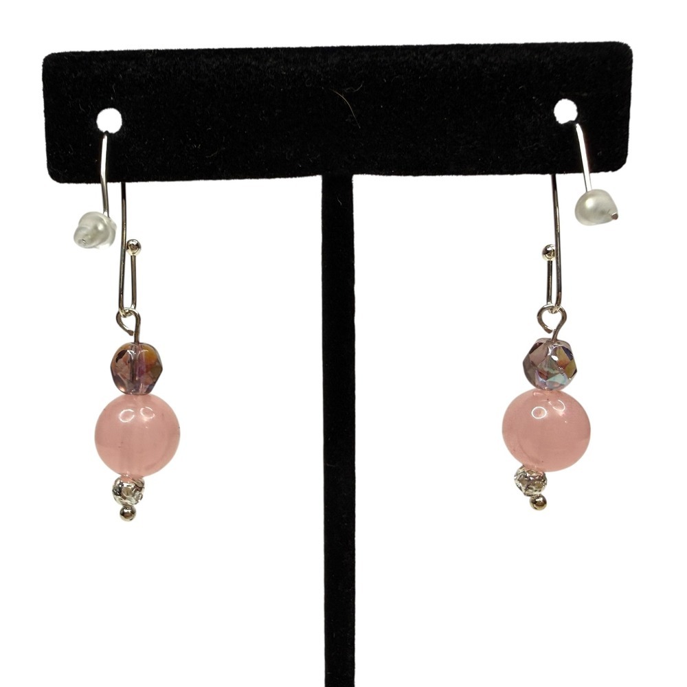 Rose Quartz Glass Bead Dangle Earrings Faceted Gem Accent Silver Plated Jewelry